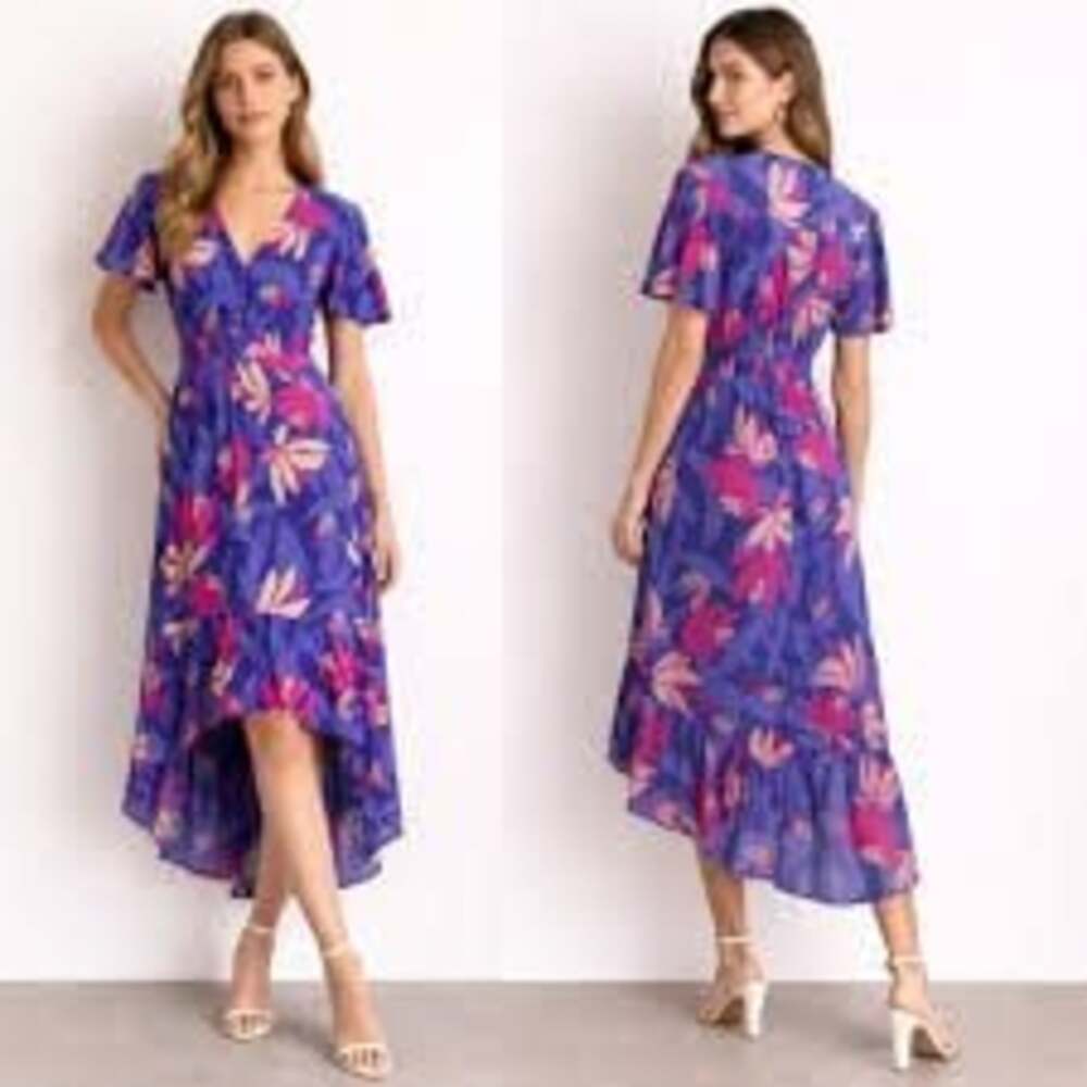 Abel the Label Santa Cruz Purple Floral High Low Midi Dress Size S